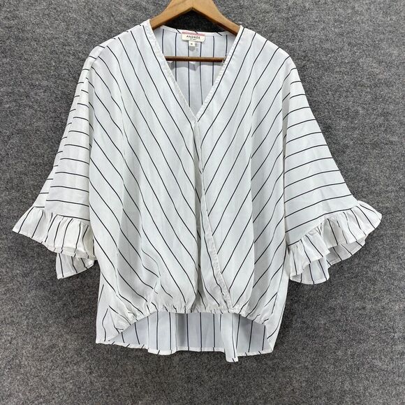 Andree By Unit Blouse Women M Medium White Striped V-Neck 3/4 Sleeve Casual - Picture 1 of 10